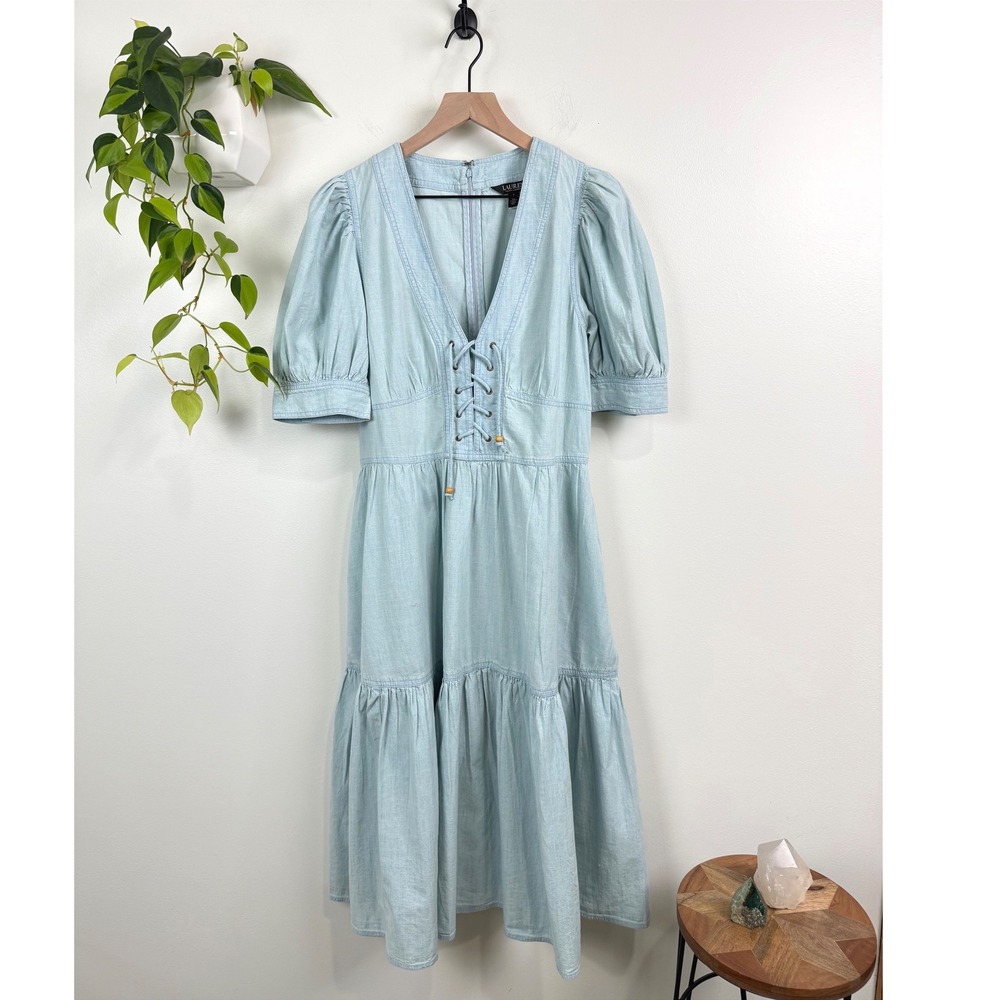 Lauren Ralph Lauren Blue Cotton Chambray Tiered Midi Dress 8 Coastal Cottagecore